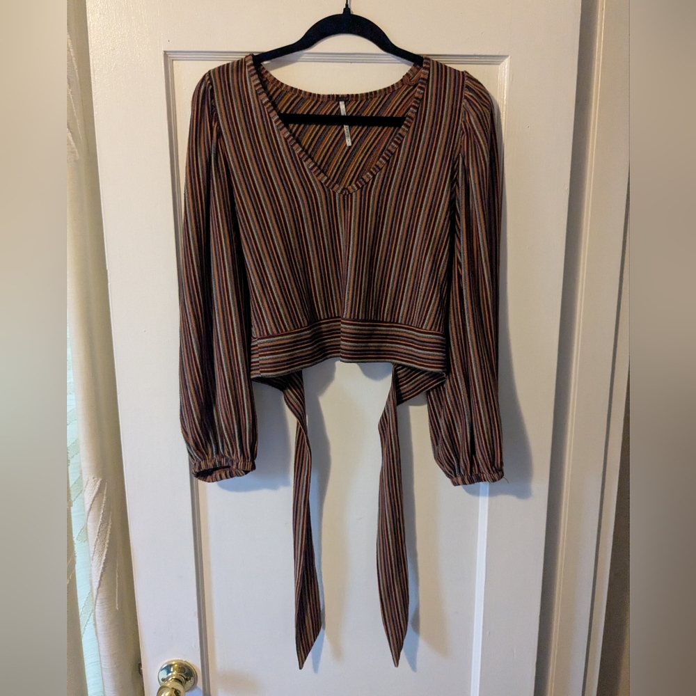 Free People V-Neck Striped Tie-Front Blouse